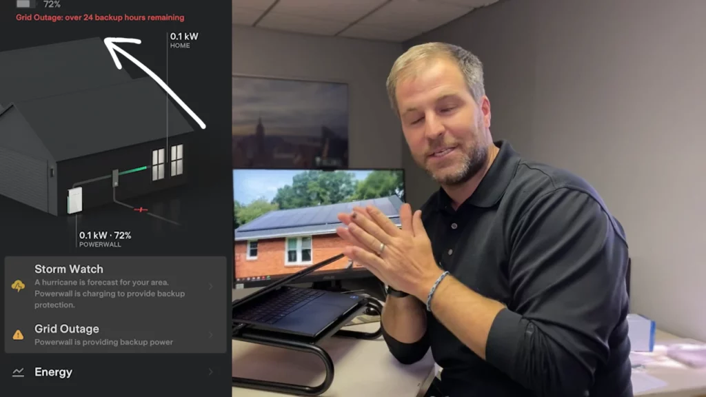 Graham, solar designer from southern energy management, showing where to see how much energy is left in a powerwall battery during a grid outage on the powerwall app