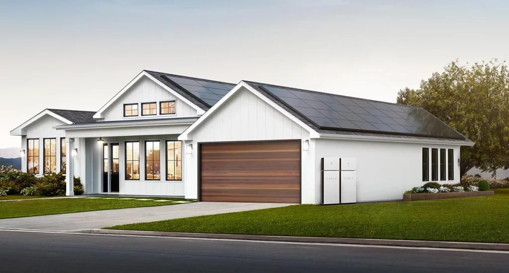 A rendering of a white modern farmhouse home with solar and two tesla powerwall plus systems installed on the exterior of the garage