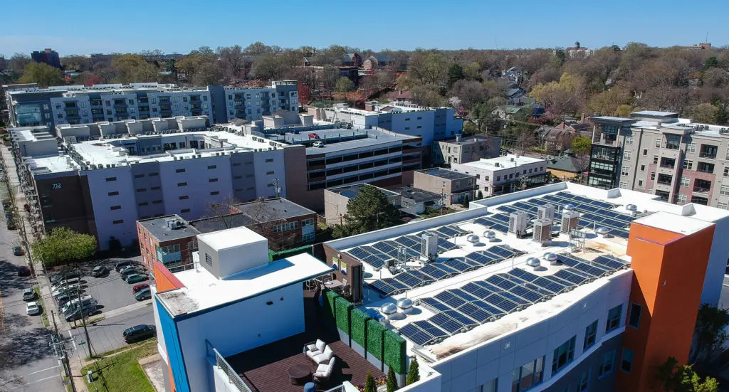Aerial view of rooftop solar on Revisn in Downtown Raleigh, NC