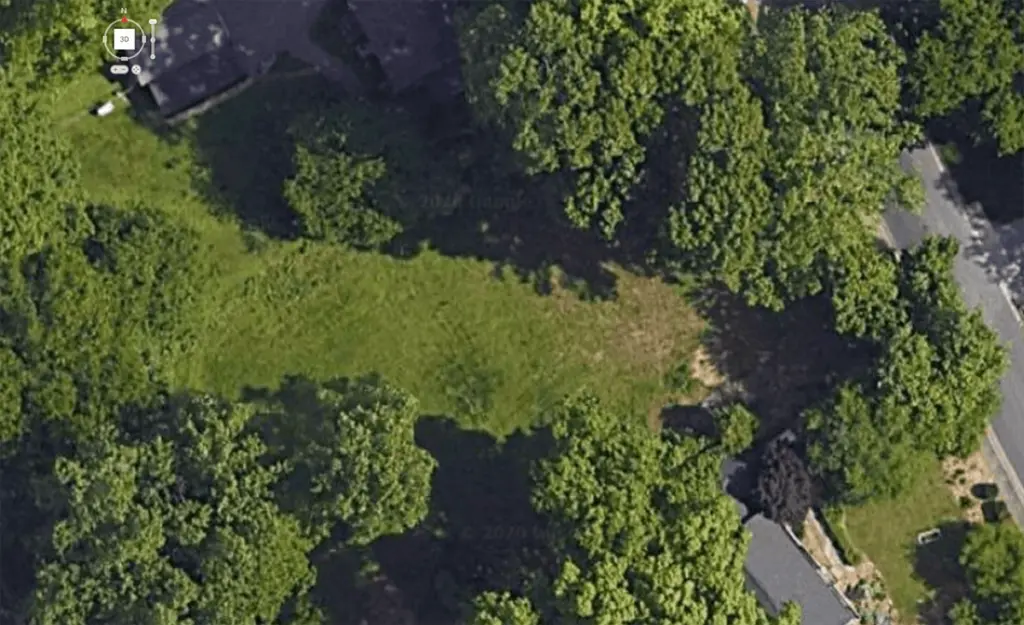 Aerial view of an undeveloped lot with lots of trees