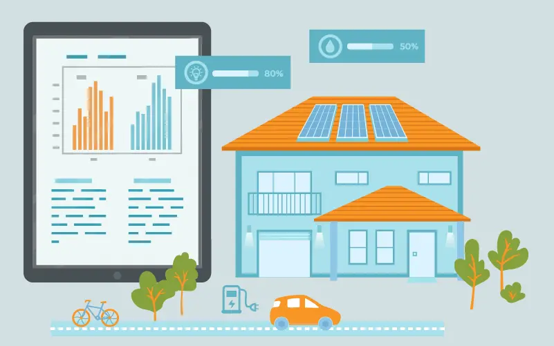 Illustration of a smart home with solar panels and an electric car beside a tablet displaying a performance report dashboard