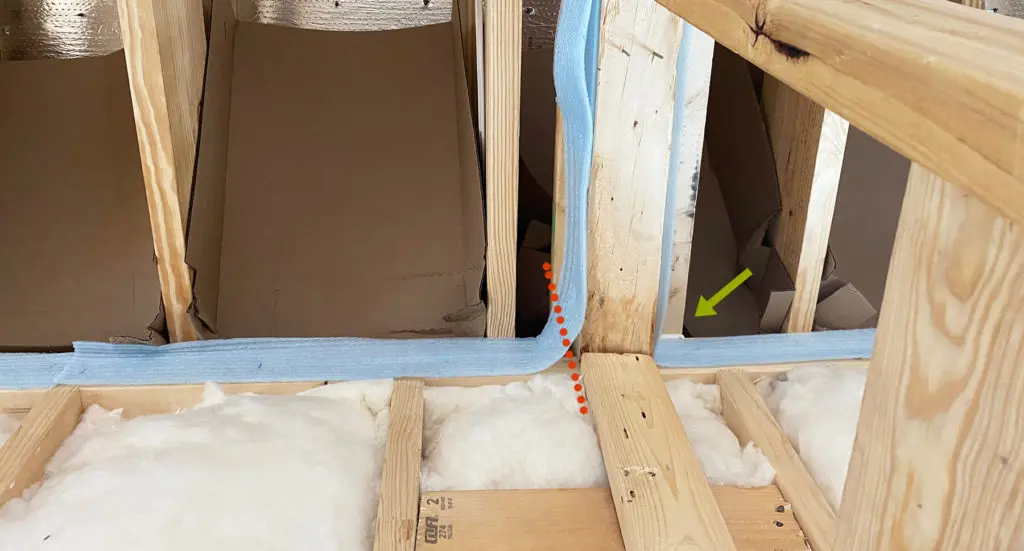 Example of where to cut poorly installed sill seal to correct a rounded corner