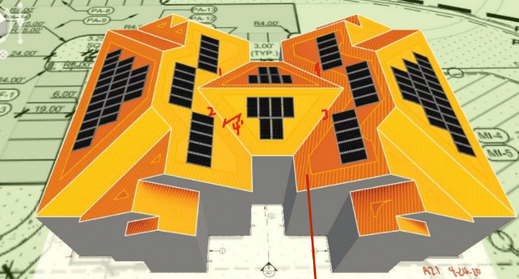 rendering of solar on a building drawn from a plan set