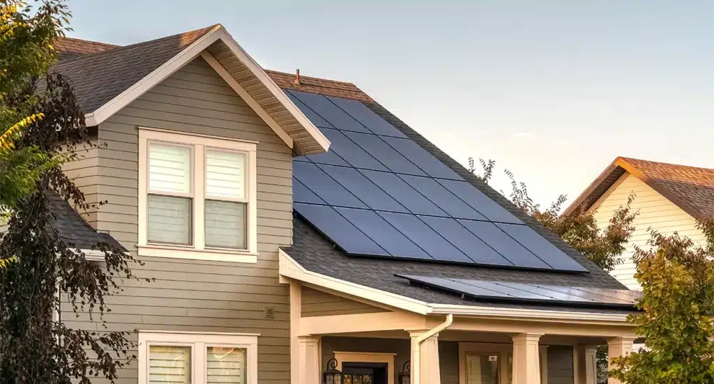 Front of a home with solar panels on the roof during sunset