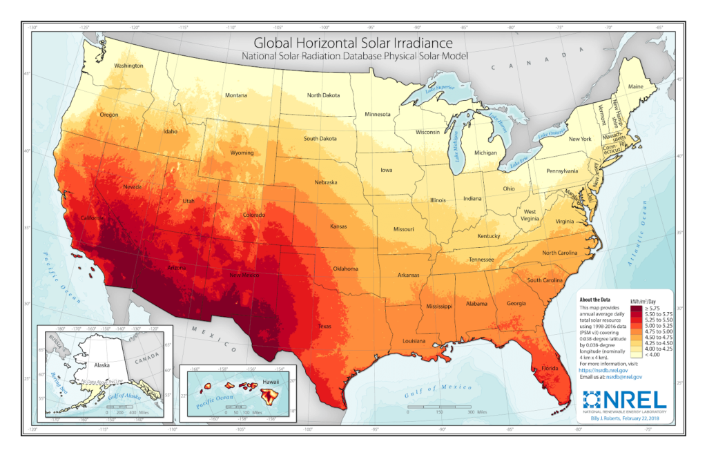 Solar Irradiance map of the United States