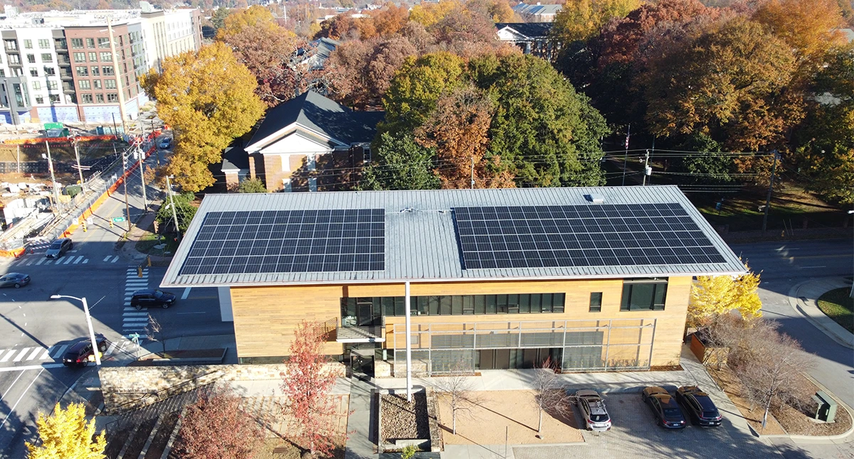 Aerial view of roof top solar system on the AIA Triangle building in downtown Raleigh, NC