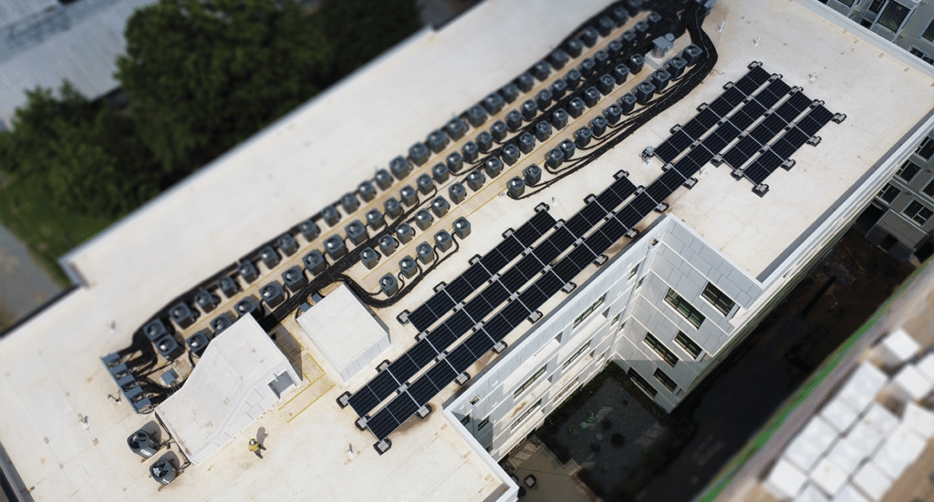 Aerial view of solar system at Joinery Phase I in Charlotte, NC