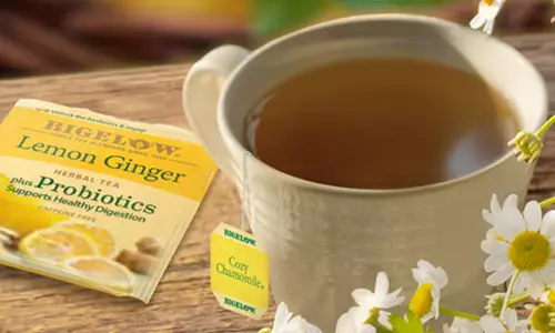 A steaming cup of Chamomile Ginger tea from Bigelow