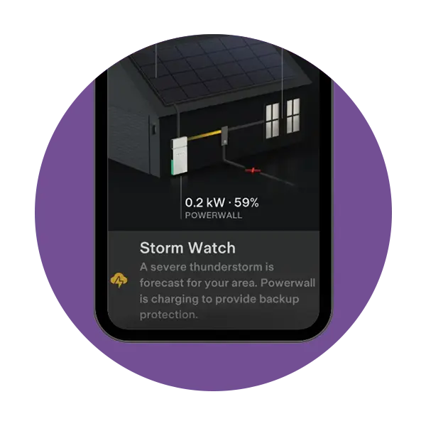 Cell phone displaying Tesla Powerwall app with Storm Watch alert